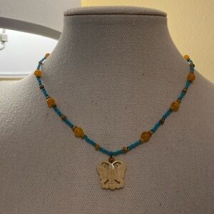 Vintage Celluloid Carved Butterfly Pendant and beaded necklace